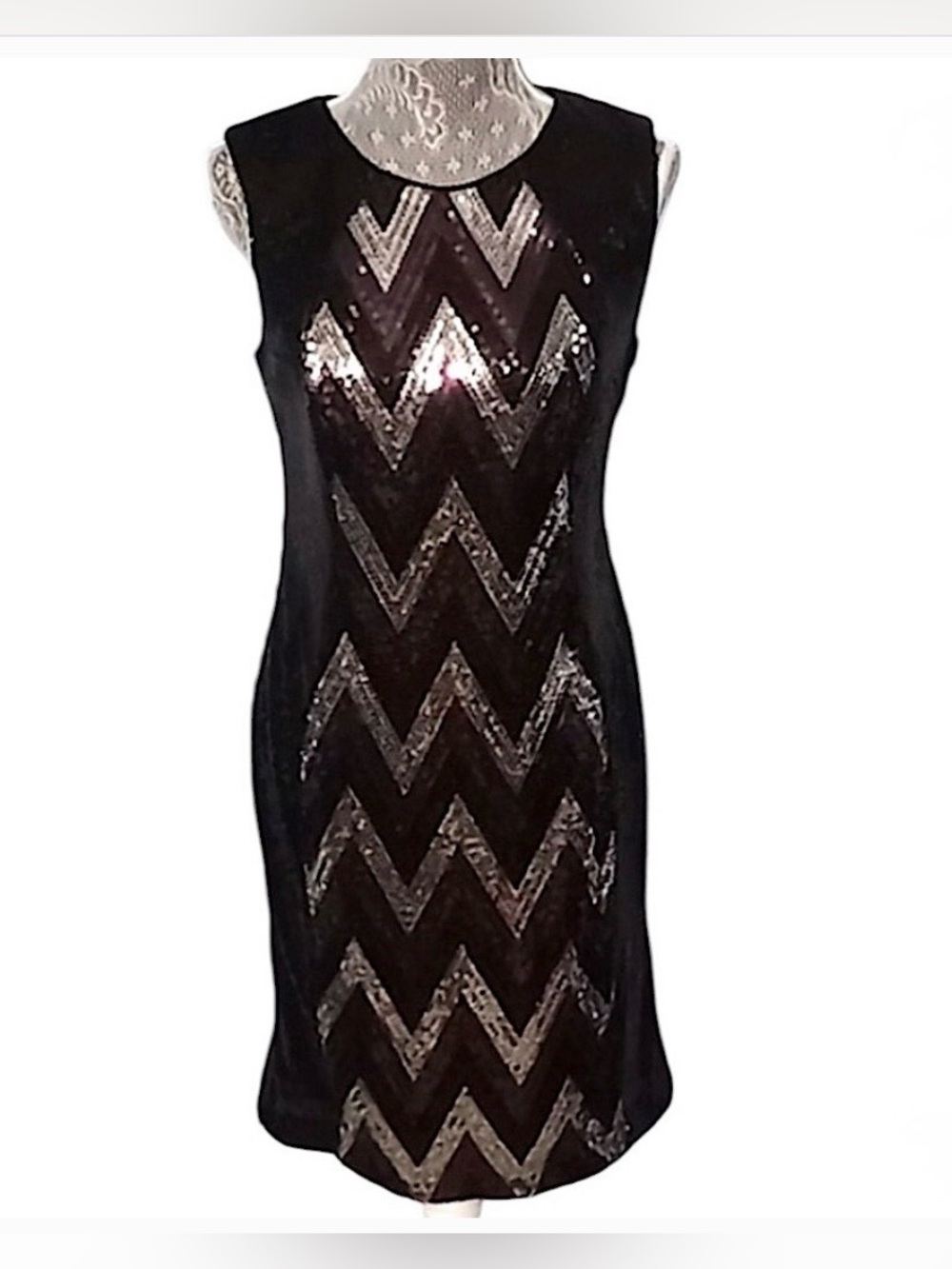 Vintage Nightway Black Sequin Chevron Print Dress - Size 6